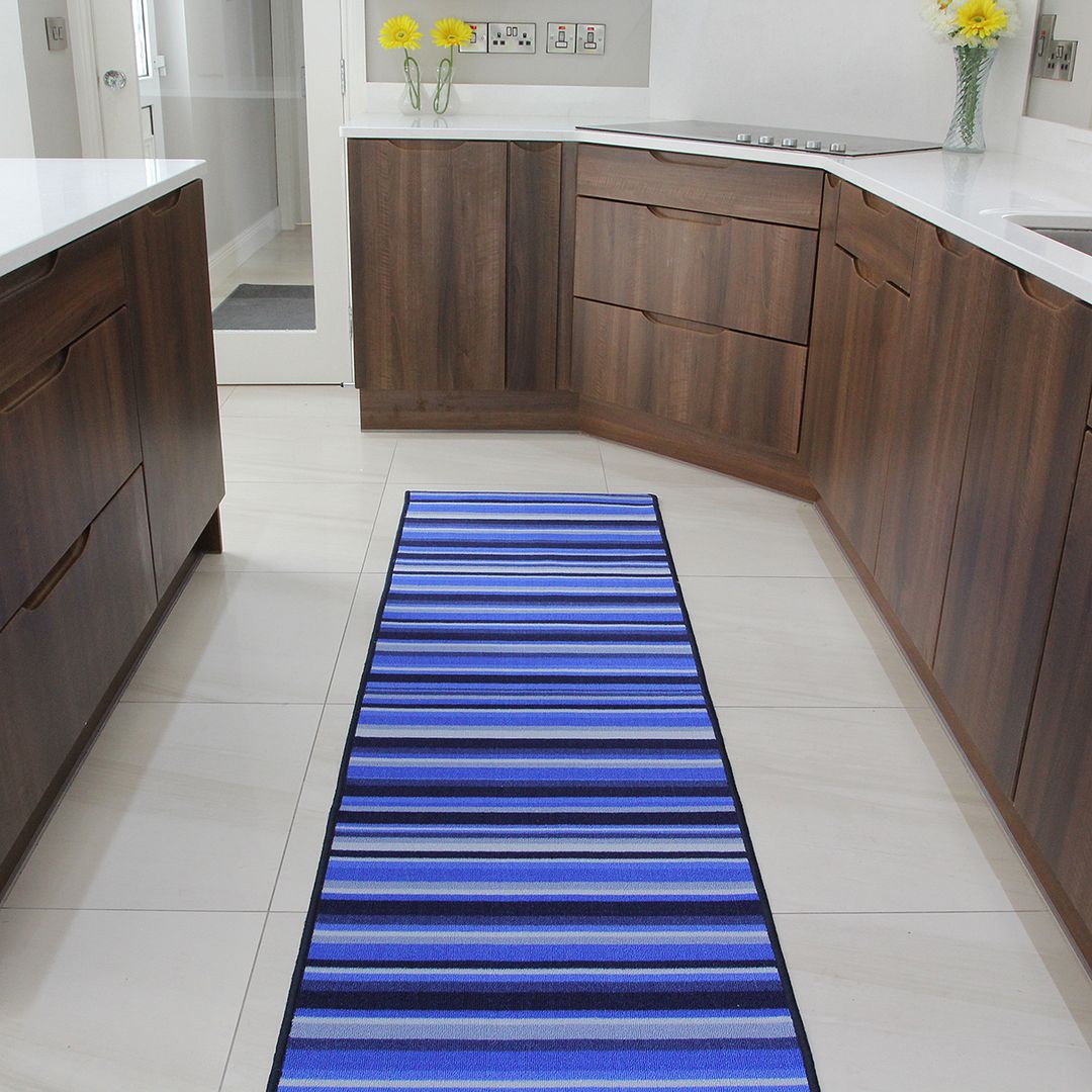 Bright Blue Striped Machine Washable Rug Non Slip Long Life Rubber